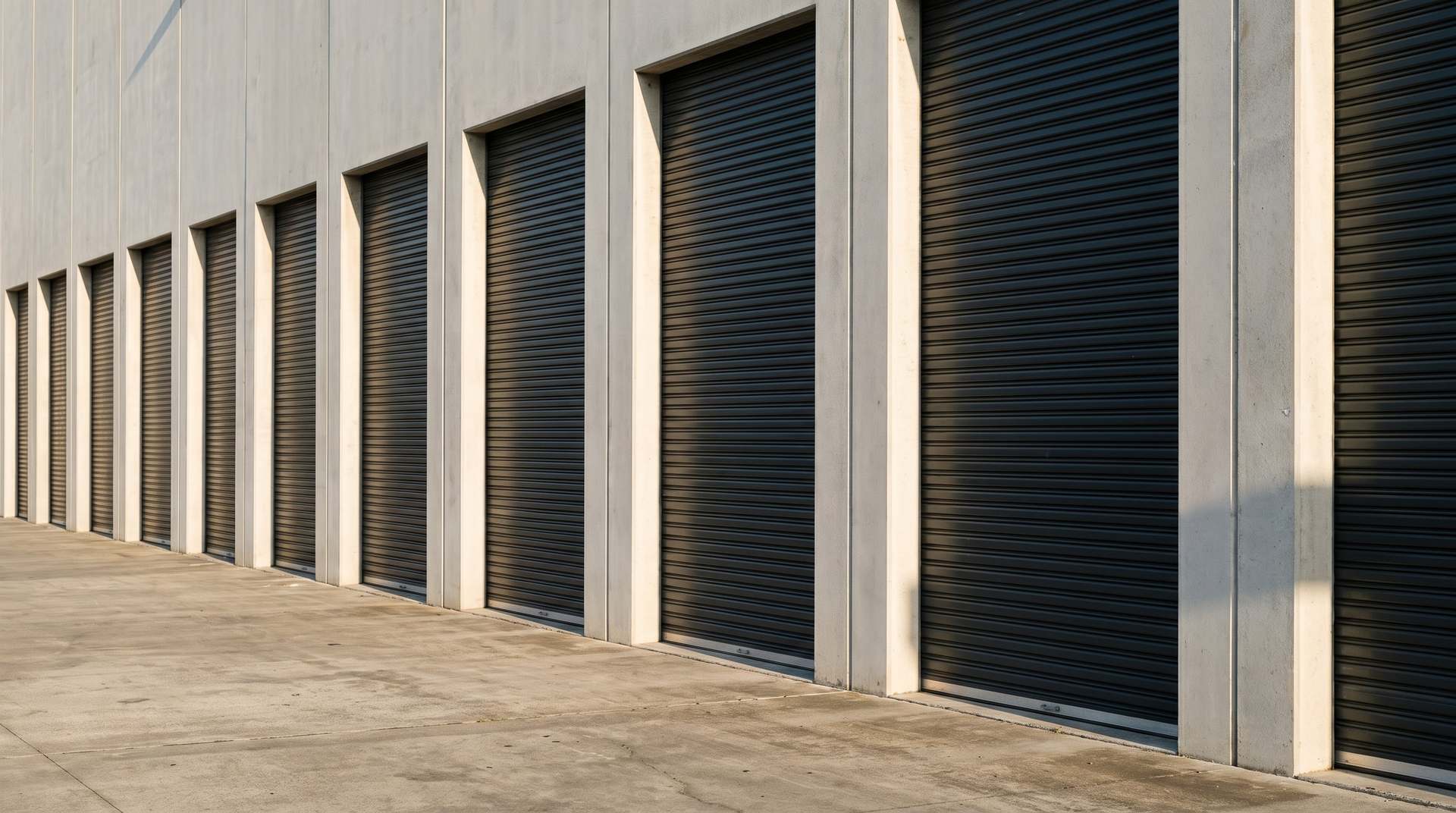 A row of roll-up industrial doors in raking light