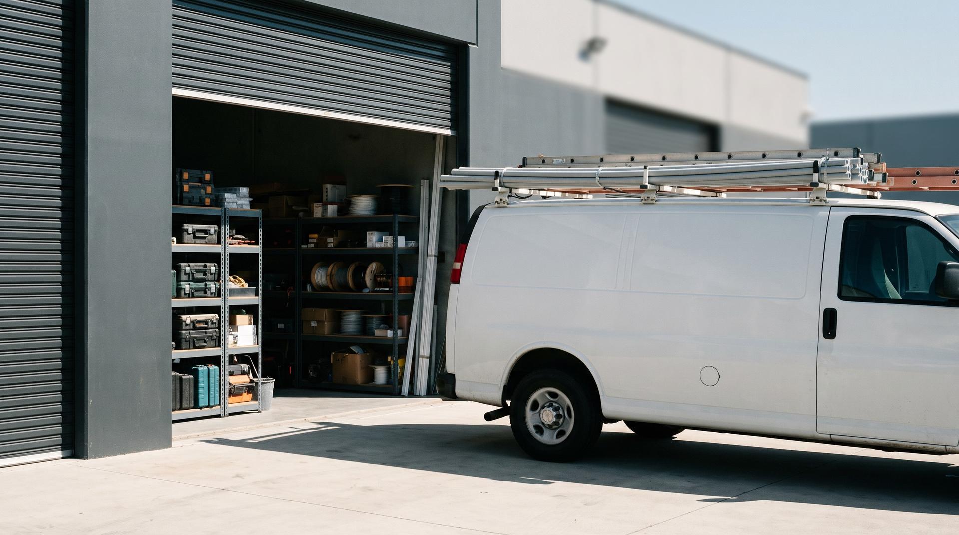A contractor's work van backed up to an open roll-up door, with organised shelving of materials and tools inside the unit