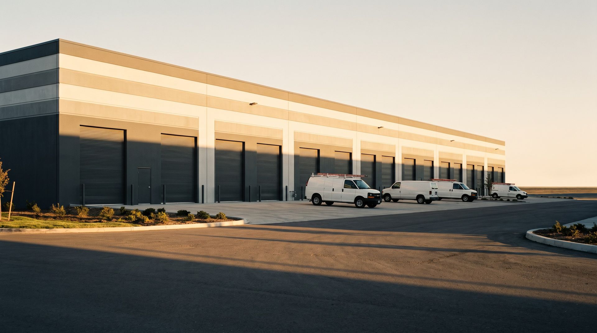 A modern small-bay industrial park at golden hour, with a repeated rhythm of roll-up loading doors and contractor vans at the bays