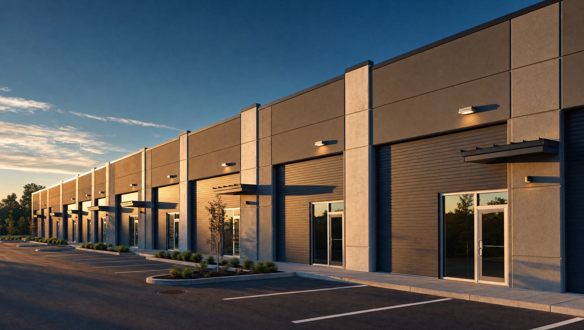 A row of roll-up loading doors and glass entries along a small-bay drive aisle at sunset