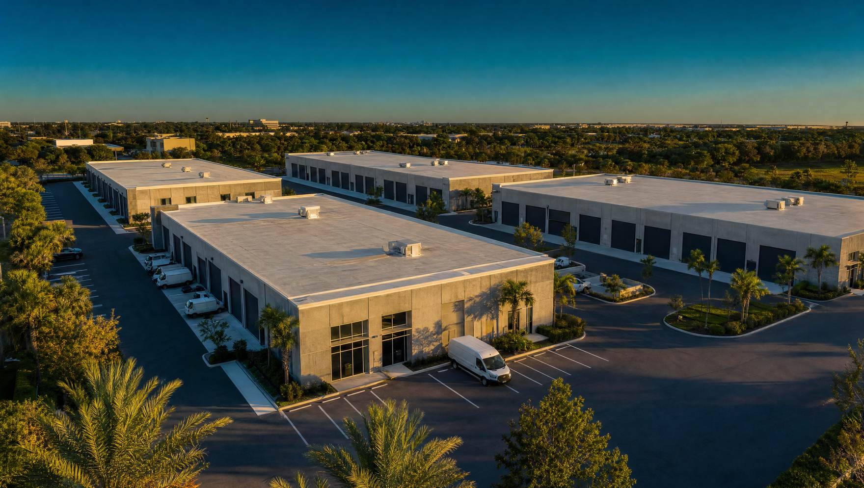 Aerial view of a multi-building small-bay flex industrial park at golden hour