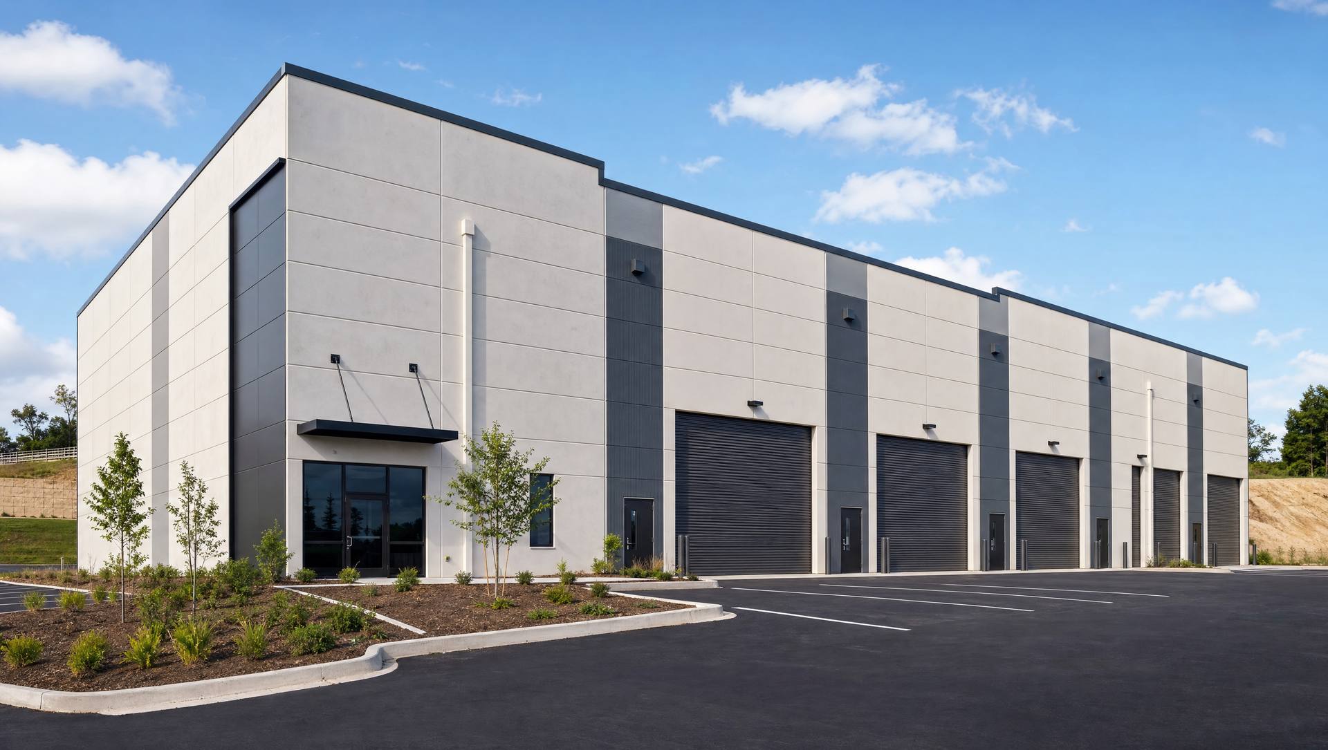 A newly completed small-bay flex warehouse building at practical completion