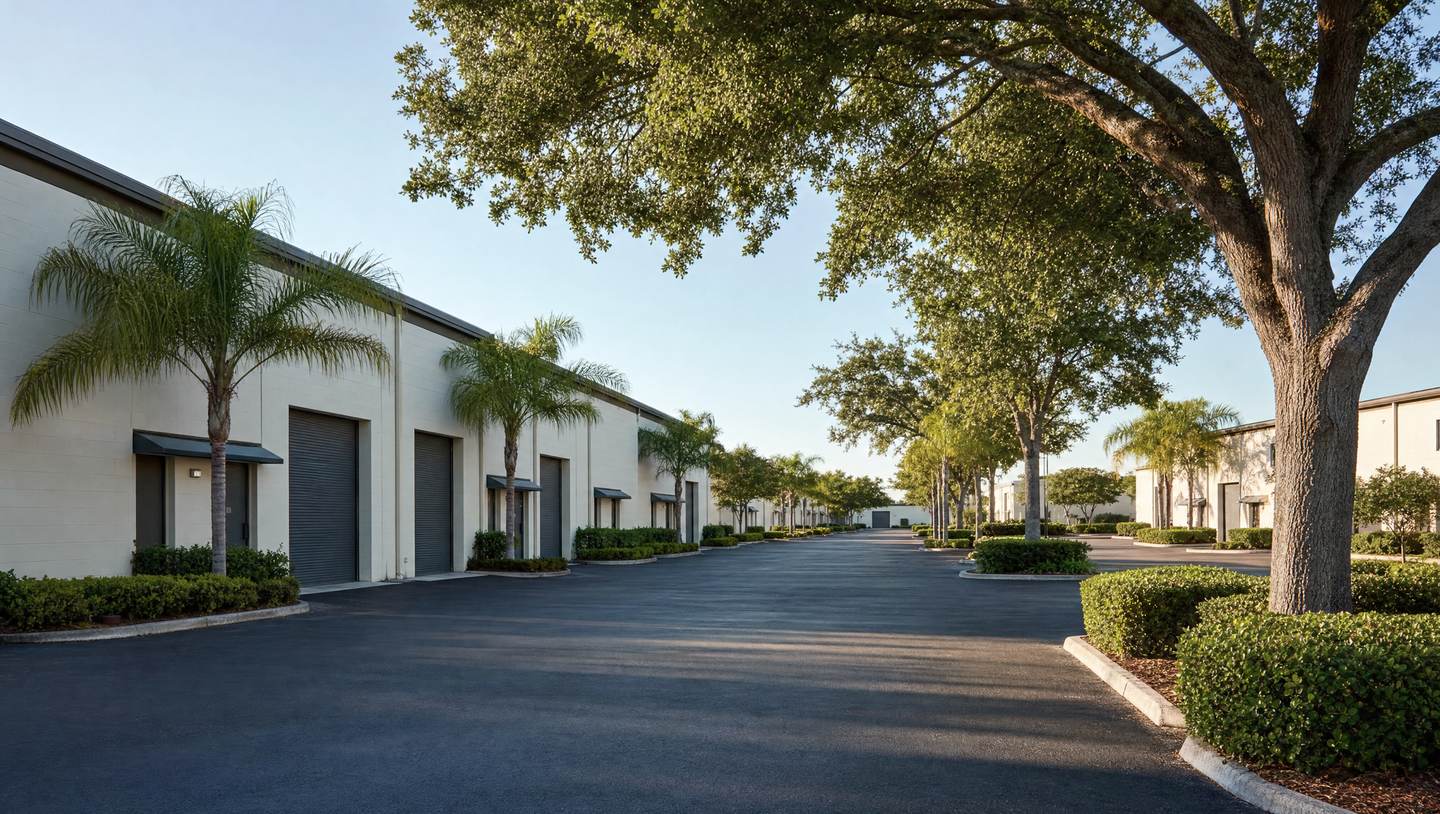An established, well-maintained small-bay industrial park with mature landscaping