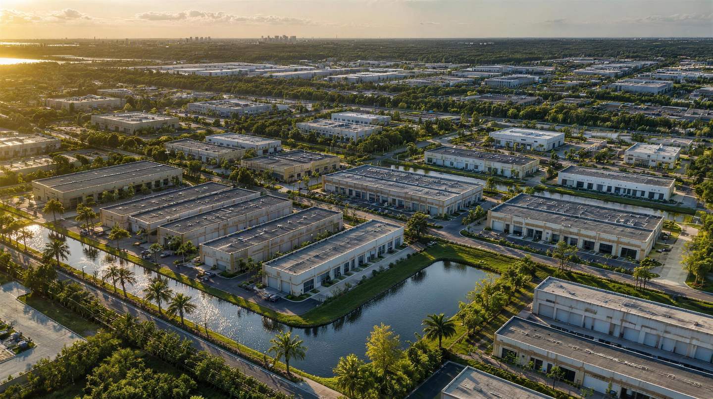 High aerial view over a light-industrial corridor showing several small-bay parks clustered within one district