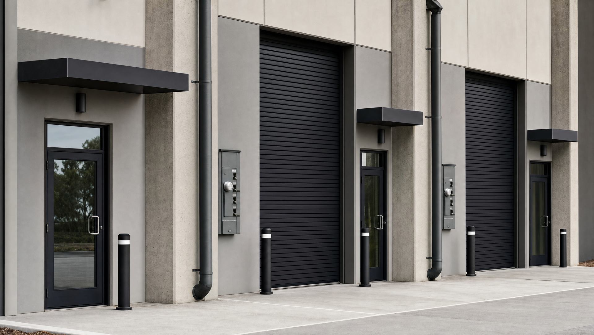 Close view of two adjacent units showing separate roll-up doors, entries, electrical meters and downpipes