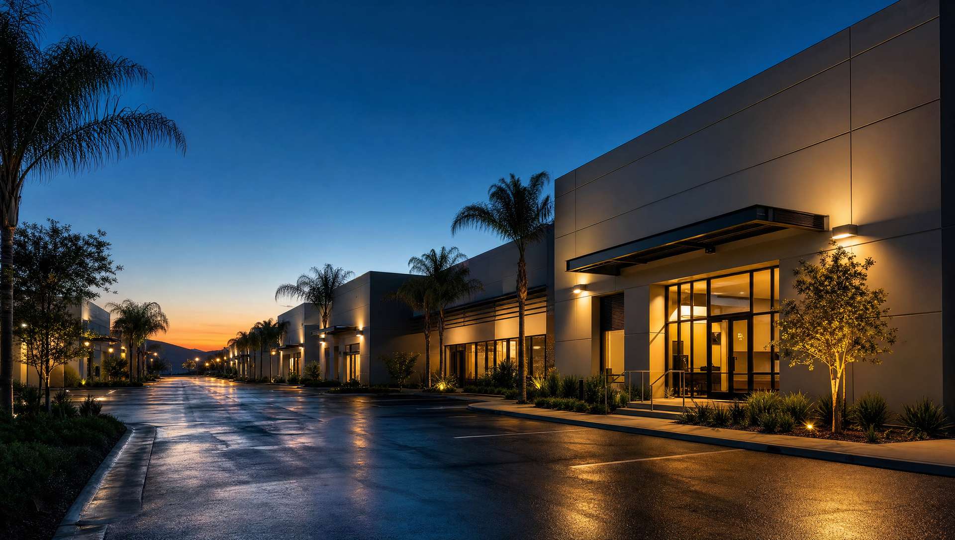A well-maintained small-bay park at blue hour with warm lighting at the unit entries