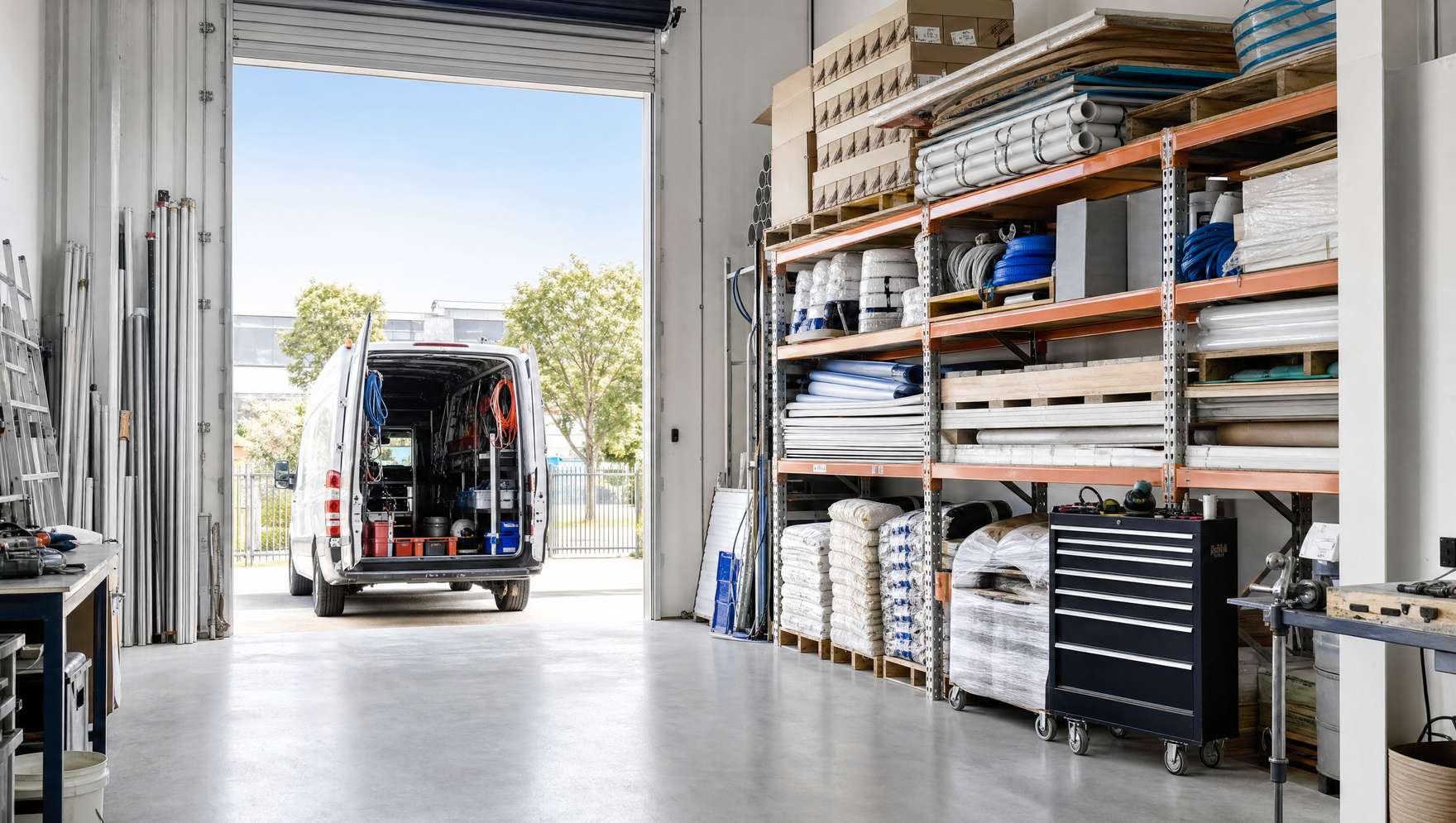 Interior of an occupied small-bay unit with an open roll-up door, racked trade materials and a work van backed to the door
