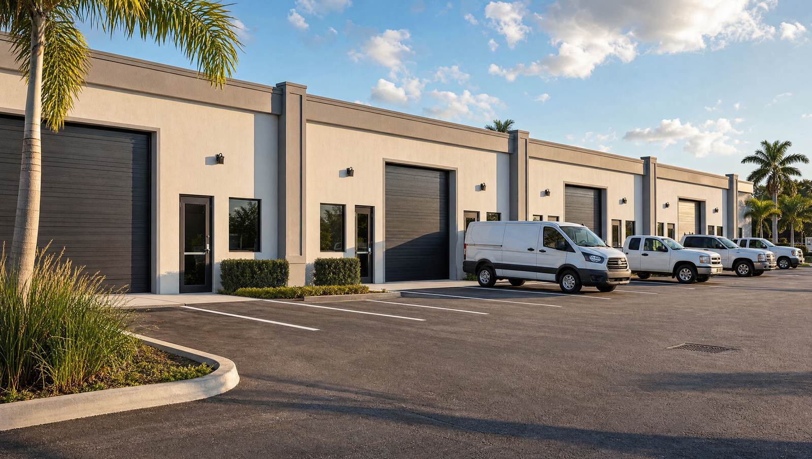 A small-bay flex building divided into individual units, each with its own roll-up door and glass entry, work vans parked at the doors